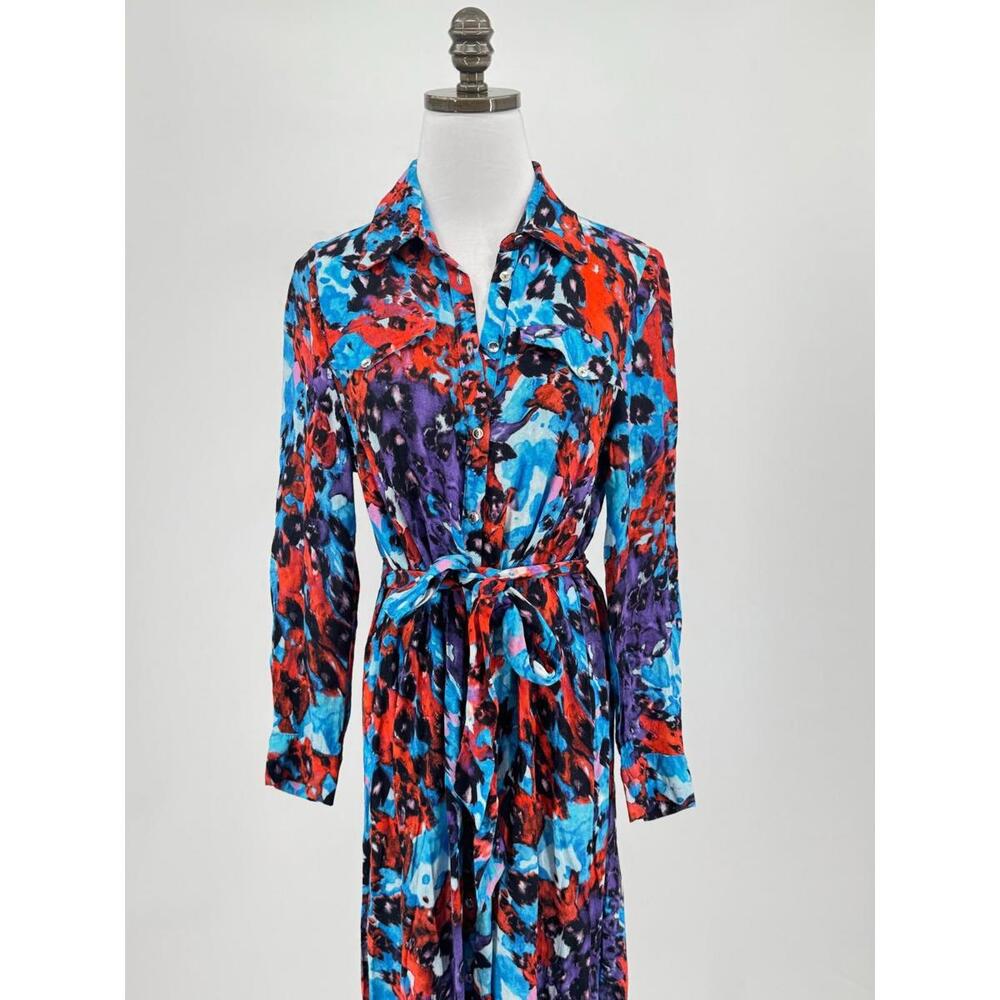 Karen Millen Petite Blue Red Print Collared Belted Button Front Shirt Dress Sz 6 - Picture 2 of 6